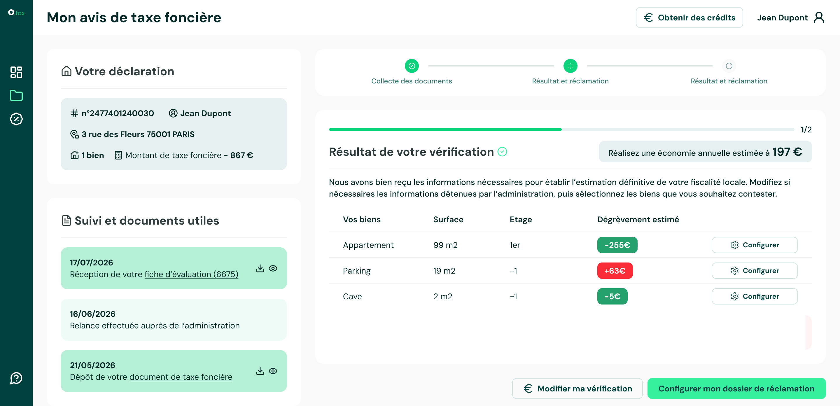 Espace Orka.tax : résultat de la vérification de taxe foncière, dégrèvement estimé bien par bien